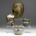 Ben owen four vessels in assorted glazes including two by ben owen iii one in frogskin and one in oxblood glaze shorter ones stamped ben owen master potter taller two signed ben owen iii and date