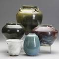 North carolina pottery five vases three jugtown one ben owen and one north state in varied glazes all marked tallest 8 14