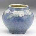 Newcomb college squat vase carved by af simpson with pink and yellow blossoms nc afs 315 jm nt 38 4 12 x 5