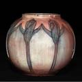 Newcomb college early and unusual experimental sangdeboeuf spherical vase painted by roberta b kennon with blue crocuses on a blue and pink ground 1902 ms kennon studied with arthur wesley dow