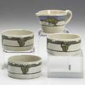 Saturday evening girls four items 1914 set of three ramekins painted with yellow tulips and one small milk pitcher with clusters of trees in a landscape all marked and dated ramekins 1 12 x 3