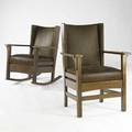 Jm young matching rocker and armchair with upholstered seats and backs unsigned armchair 38 x 27 12 x 23