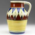 Clarice cliff singlehandled lotus jug in a variation of the original bizarre pattern with yellow and red bands hand painted bizarre by clarice cliff newport pottery england stamped lotusshape 11