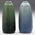 Van briggle two bud vases one in matte green glaze 1916 the other blue 1920 both marked and dated 5 34