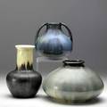 Fulper three vases cats eye flambe bottle and squat vase chinese blue flambe twohandled vertical marks two with remnants of paper labels tallest 7 34 x 5 flared 6 x 8 12