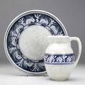 Dedham crackleware 9 pitcher and 13 12 serving platter in the clockwise rabbit pattern indigo stamps