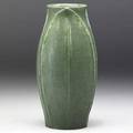 Grueby vase with three fullheight tooled and applied leaves covered in fine frothy matte green glaze grueby faience medallion stamped uae 136 7 34 x 4