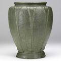 Grueby large vase with two rows of tooled and applied fullheight leaves covered in matte green glaze illegible medallion stamp paper label 11 14 x 8 34