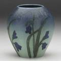 Rookwood decorated mat vase painted by elizabeth lincoln and louise abel with bluebells on a blended blue and green ground 1921 flame markxxi2100both artists ciphers 4 34 x 4 14