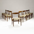 Hans wegner  ch madsens set of eight sculpted teak side chairs with creamcolored wool upholstery 30 x 22 x 16