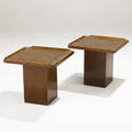 Danish modern pair of occasional tables in walnut with sculpted edge detail 15 14 x 17 sq