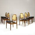 Arne vodder  france  son six teak dining chairs with black leather upholstery and cain backs france  son metal decal 33 34 x 20 x 20