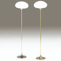 Laurel pair of mushroom floor lamps with original cased glass shades one in brass other in chrome 56 x 12 dia