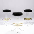 Style of charles hollis jones three stools in lucite and brass and upholstered in black velvet 29 x 16 34 dia