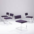 Milo baughman  thayer coggin set of four dining chairs upholstered in hopsack over chromed steel legs 29 x 17 34 x 18 34