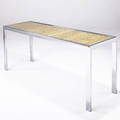 Gabriella crespi console table in chromed steel with inset woven cane surface and plate glass top 28 x 60 x 19