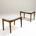 Jens risom pair of sculpted walnut benches with inset upholstery jens risom fabric labels 17 34 x 24 x 15