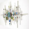 Style of curtis jere wall sculpture with steel rods and attached enameled copper panels with brass and copper details 37 14 x 57 14