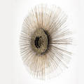 Style of curtis jere sunburst wall sculpture with radiating spikes of copper rod and a molten brass center in three overlayed levels 40 12 dia