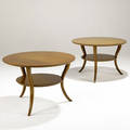 Th robsjohngibbings  widdicomb pair of walnut circular twotiered side tables in klismos style widdicomb decal and stenciled numbers 20 14 x 29 34 dia