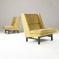 Edward wormley  dunbar pair of rare lounge chairs in striped fabric upholstery on dark walnut bases dunbar fabric label 32 x 37 x 24