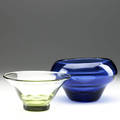 Dominick labino two small bowls one in cobalt the other in pale green 196869 green signed labino 1968 blue signed labino 1969 3 12 x 6 12 and 4 12 x 7 14