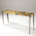 Jonathan s levitin  heart and steel ophelia console table with oak top decorated with patinated steel leaf inlay on brushed steel legs tag marked jonathan s levitin heart and steel ophelia 29 x