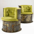 Studio pair of industrial iron steampipe barrel chairs en suite with preceding on casters 32 12 x 33 x 30