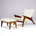 Adrian pearsall  craft associates sculptural lounge chair and ottoman upholstered in leather on walnut frames chair 29 x 30 x 47 ottoman 14 12 x 24 x 17