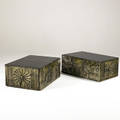 Adrian pearsall pair of sofa tables with bronze relief surface with black laminate tops each with one door 13 12 x 33 x 22 12