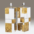 Style of paul evans pair of burlwood and polished chrome table lamp bases 21 12 x 7 14 sq