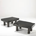 Japanese pair of carved wooden freeedge slab coffee tables in deep ebonybrown stained finish provenance collection of juan montoya 16 x 35 12 x 25