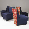 Modern set of four sidechairs upholstered in navy and red fabrics with brass tacking provenance collection of juan montoya 37 x 26 x 27 12