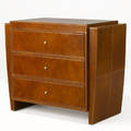 Style of jacques adnet threedrawer dresser covered in brown stitched leather with brass pulls provenance collection of juan montoya 30 12 x 36 x 18 14