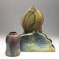 Jane aebersold three works two sculptural vessels covered in textured iridescent glazes 1986 and 1987 brocade baroque and ventana suite vessel covered in matte glaze with iridescent highlight