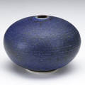 Vivika and otto heino squat ceramic vessel with small opening covered in royal blue and gunmetal matte glaze incised vivika  otto 3 12 x 4 34