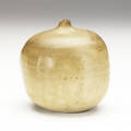 Toshiko takaezu stoneware bottle with lobed rim covered in light brown glaze with interior rattle signed tt 4 34 x 4 34
