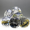 Piero fornasetti  tiffany set of six citta di carte luncheon plates transfer decorated with surreal scenes of playing cards in landscapes with original tiffany felt separators each marked fornas