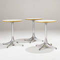 George nelson  herman miller three swag leg side tables with white laminate tops and birchwood edging on polished aluminum bases black and white metal tag 21 12 x 17 dia
