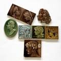 Tile grouping eight assorted figural tiles by globe encaustic tile co cambridge providential trent etc crude touchups to latter largest stamped get co largest 5 12 sq most 4 sq