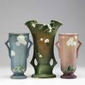 Roseville three vases two primrose 7689 blue and pink restored chips and green snowberry 1v212 all marked