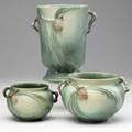 Roseville green pinecone two jardinieres6323 and 6324 and vase 7047 stamped