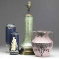Weller four items postfactory green cloudburst 11 12 lamp pink silver overlay 8 urn unmarked hudson blue and decorated 7 vase stamped blue ware 7 12 vase hairline stamped