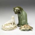 Animal figurals three items chicago crucible tray with seal weller muskota crab flower frog and frankoma 7 12 panther figurine glaze burst inside one ear all marked
