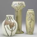 Weller etched mat three vases with roses or cherry blossoms 6 12 8 and 10 12 12 hairline to rim of white all marked weller