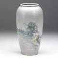 Weller hudson scenic 9 vase painted by timberlake with a summer landscape 14 flake to base and heavy crazing signed weller pottery and timberlake