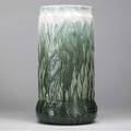 Roseville blended 20 umbrella stand with heron and cattails under pink and green majolica glaze unmarked