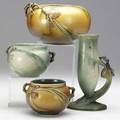 Roseville pinecone in brown and green two 3 jardinieres one 7 bud vase and one 4 squat vase all marked