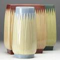 Roseville lotus three vases in assorted colors l410 and l310 minute shallow fleck to corner of green all have raised mark