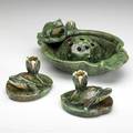 Weller coppertone four items frog bowl with flower frog 3 34 x 10 12 and two 3 turtle candleholders all with kiln stamp
